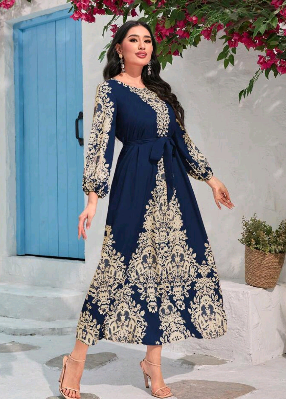 Al Najma Floral Print Lantern Sleeve Belted Dress Maxi Women Outfit