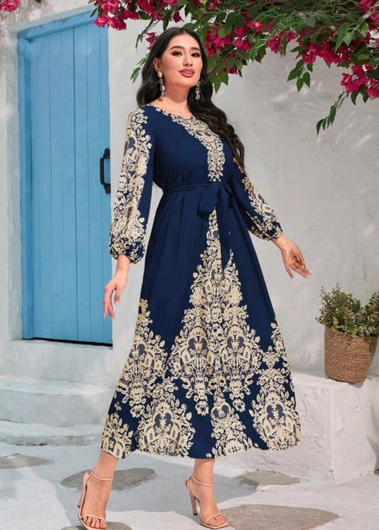 Al Najma Floral Print Lantern Sleeve Belted Dress Maxi Women Outfit