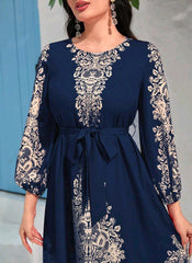 Floral Print Lantern Sleeve Belted Dress Maxi Women Outfit