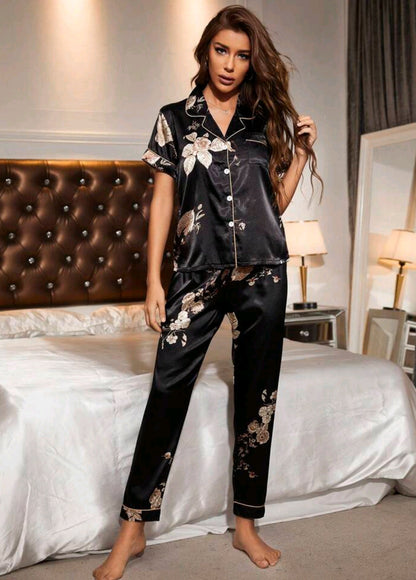 Neck Floral Print Pocket Patched Contrast Piping PJ Set / Pajama Set 462219