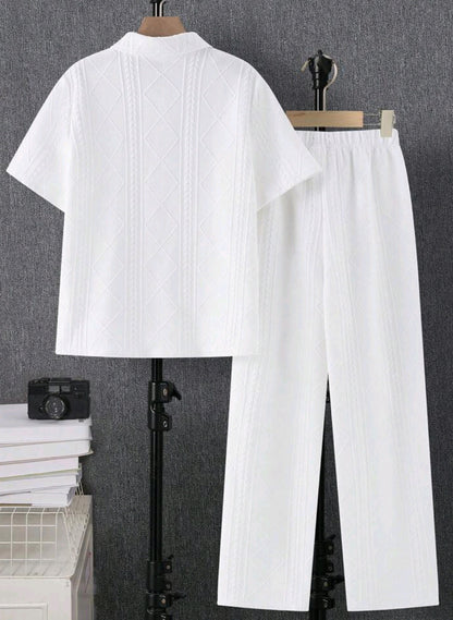 SHEIN 2pcs Set Teenboy's Knit Jacquard Loose Raglan Collar Shorts & Tee Outfit Set, B6050