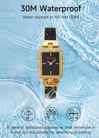 Women's Crystal Accented Bangle Watch And Bracelet Watch Set,Quartz Watch For Ladies With Gold-Tone And Black Bangle Adjustable End Links,AK/3898BKST