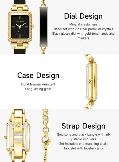 Women's Crystal Accented Bangle Watch And Bracelet Watch Set,Quartz Watch For Ladies With Gold-Tone And Black Bangle Adjustable End Links,AK/3898BKST
