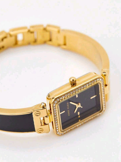 Women's Crystal Accented Bangle Watch And Bracelet Watch Set,Quartz Watch For Ladies With Gold-Tone And Black Bangle Adjustable End Links,AK/3898BKST