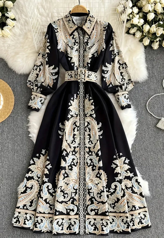 1pc Elegant Summer Bohemian Print Long Sleeve Maxi Dress with Belt and Buttons, Floral Pattern