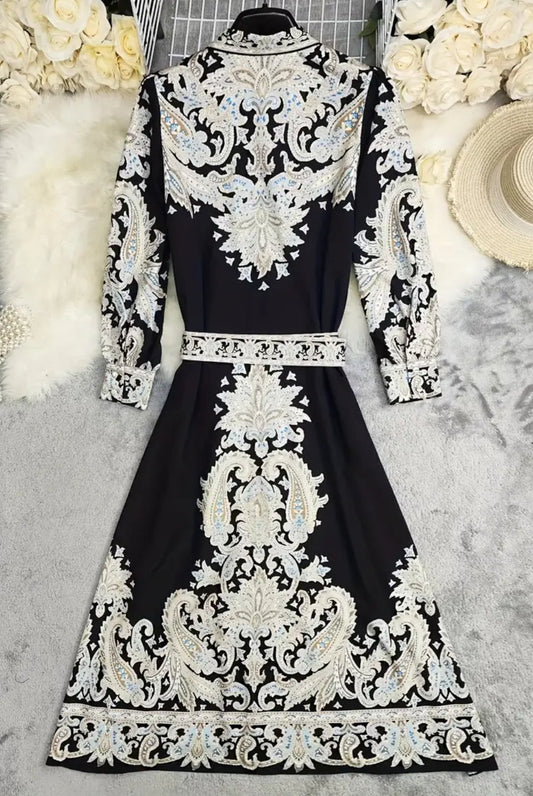 1pc Elegant Summer Bohemian Print Long Sleeve Maxi Dress with Belt and Buttons, Floral Pattern