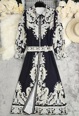 1pc Elegant Summer Bohemian Print Long Sleeve Maxi Dress with Belt and Buttons, Floral Pattern