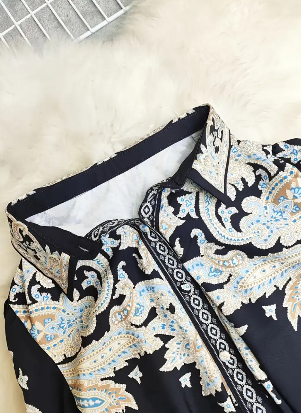 1pc Elegant Summer Bohemian Print Long Sleeve Maxi Dress with Belt and Buttons, Floral Pattern