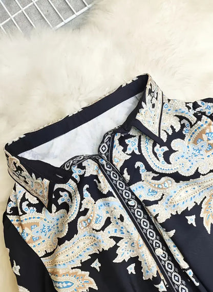 1pc Elegant Summer Bohemian Print Long Sleeve Maxi Dress with Belt and Buttons, Floral Pattern