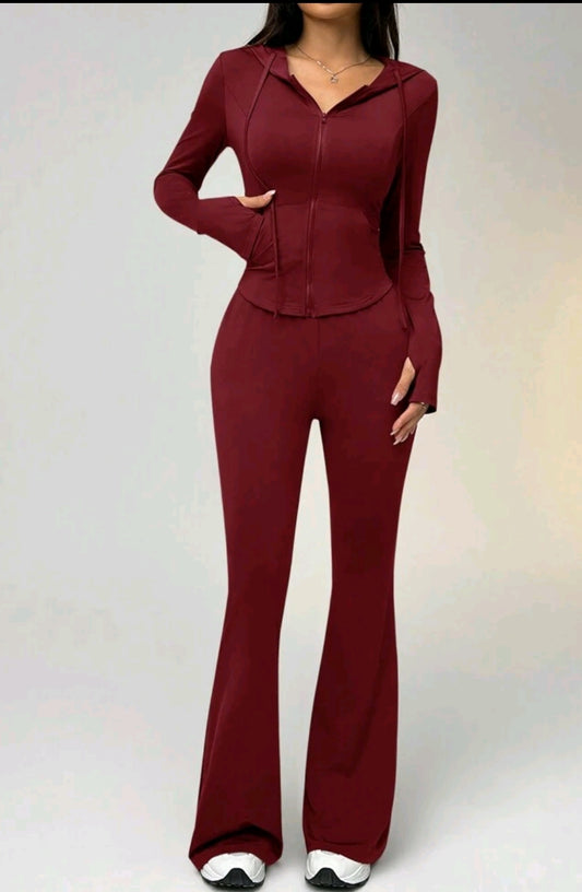 SHEIN EZwear Women Solid Color Zip Front Long Sleeve Hoodie & Skinny Pants Activewear Set