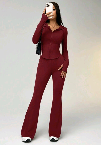 SHEIN EZwear Women Solid Color Zip Front Long Sleeve Hoodie & Skinny Pants Activewear Set