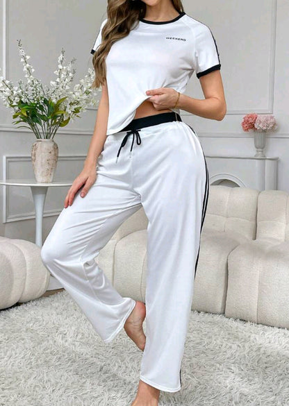 Women's Casual Short Sleeve T-Shirt And Pants Pajama Set With Front Letter Print 101622