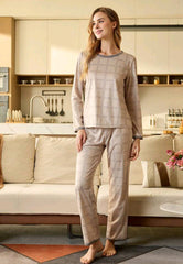 CoupledUp Women Round Neck Long Sleeve Simple Casual Top And Long Pants Pajama Se 161822
