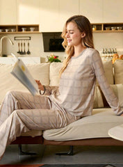 CoupledUp Women Round Neck Long Sleeve Simple Casual Top And Long Pants Pajama Se 161822