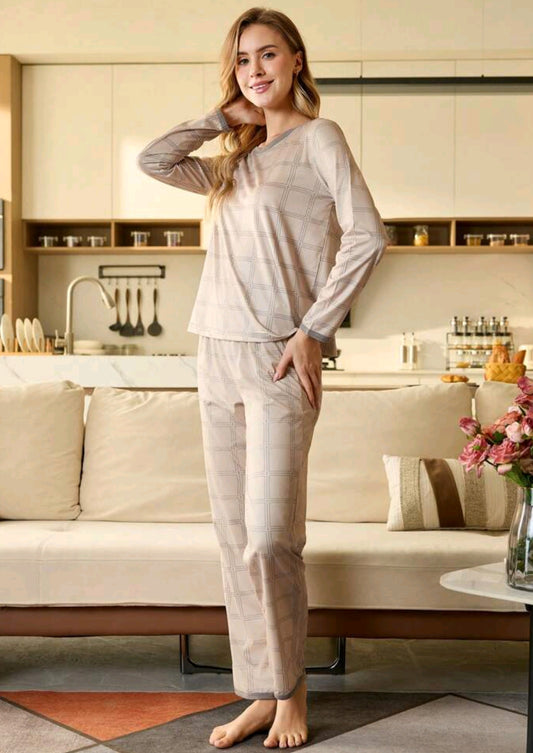 CoupledUp Women Round Neck Long Sleeve Simple Casual Top And Long Pants Pajama Se 161822