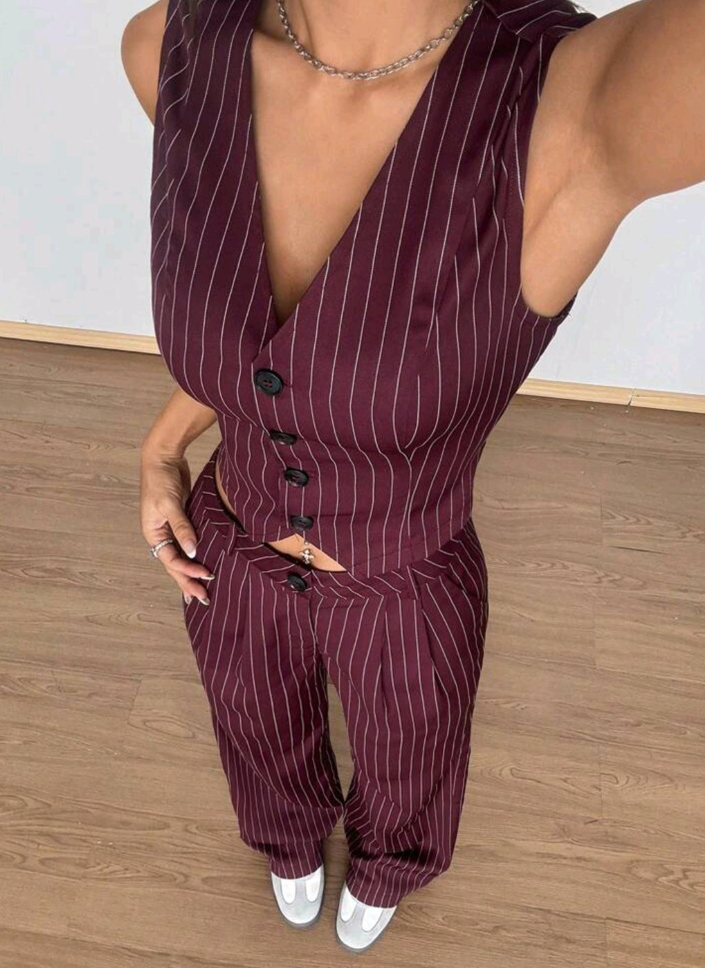 Flirla Sleeveless Striped V-Neck Vest & Pants Set, Minimalist Stylish Casual Everyday Suit.Summer Outfits For Women