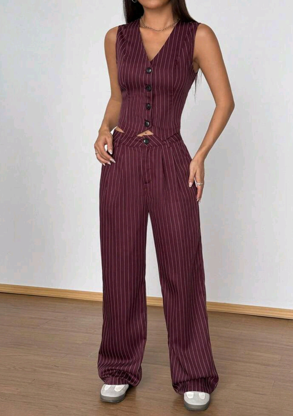 Flirla Sleeveless Striped V-Neck Vest & Pants Set, Minimalist Stylish Casual Everyday Suit.Summer Outfits For Women