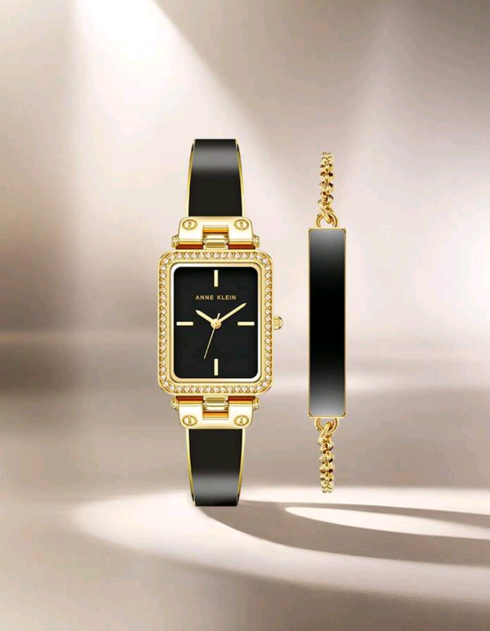 Women's Crystal Accented Bangle Watch And Bracelet Watch Set,Quartz Watch For Ladies With Gold-Tone And Black Bangle Adjustable End Links,AK/3898BKST