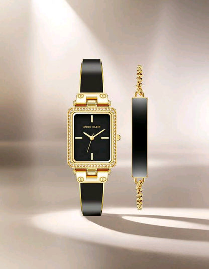 Women's Crystal Accented Bangle Watch And Bracelet Watch Set,Quartz Watch For Ladies With Gold-Tone And Black Bangle Adjustable End Links,AK/3898BKST
