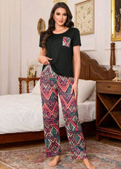 Trezura Retro Minimalist Style Printed Loose Women Pajama Set 181415