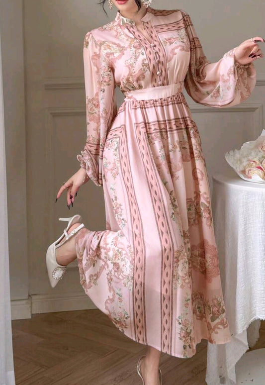 DAZY Women's V-Neck Waisted Midi Dress With Retro Print, Geometric Pattern, Spring Floral Elegant