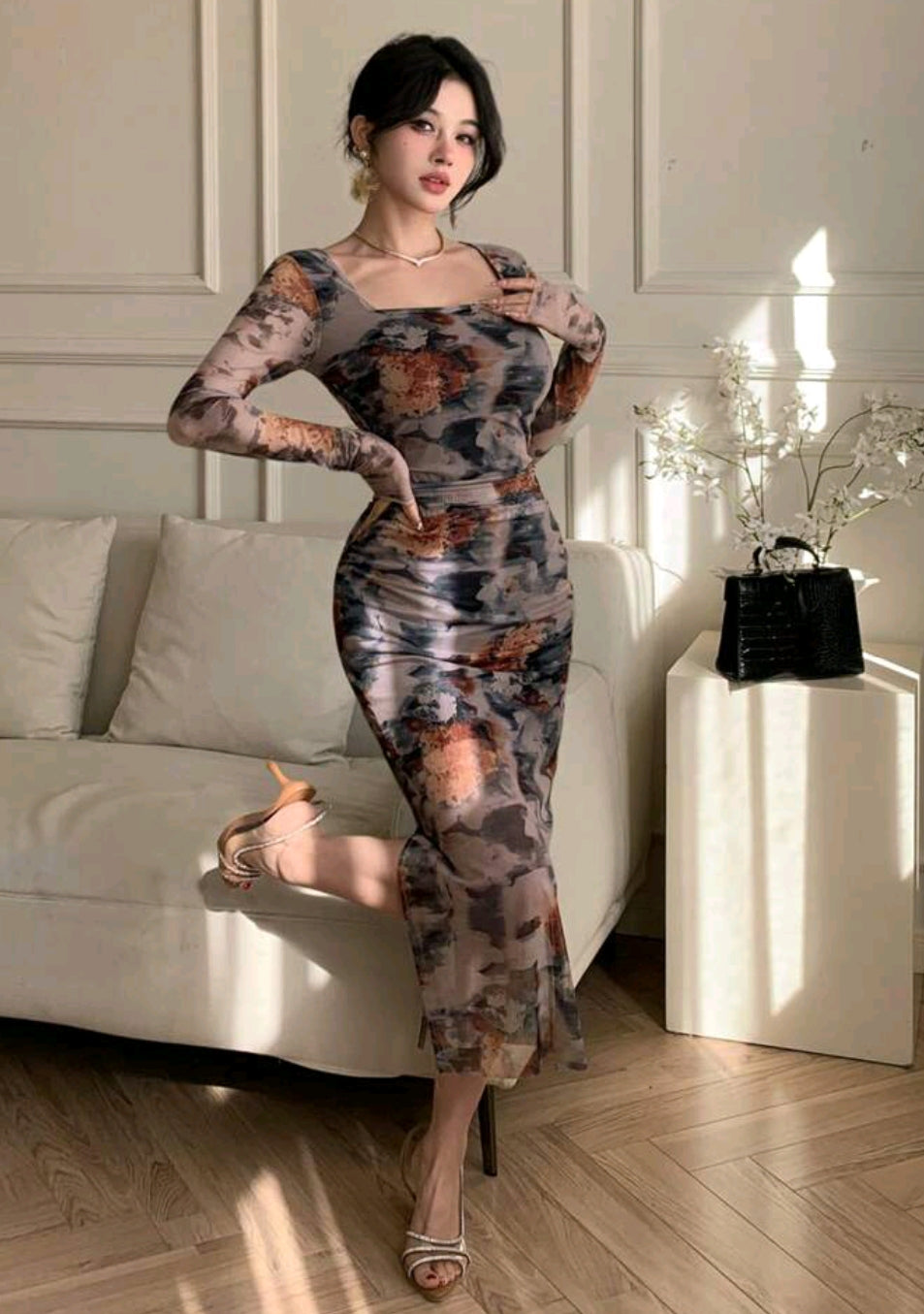 Joudiya Plant Floral Print Tie-Dye Fitted Crew Neck Mid-Calf Dress For Women Elegant