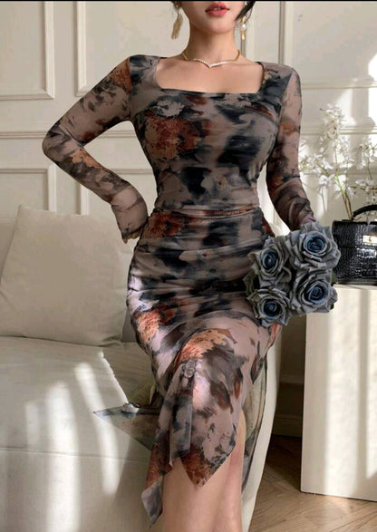 Joudiya Plant Floral Print Tie-Dye Fitted Crew Neck Mid-Calf Dress For Women Elegant