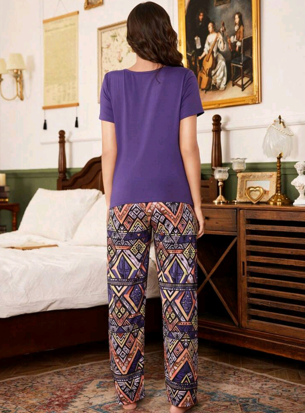 Trezura Vintage Minimalist Style Print Loose Women Pajama Set 562269