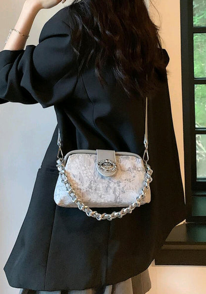 Mini Fashionable Elegant Solid Color Clutch With Metal Chain Handle For Women