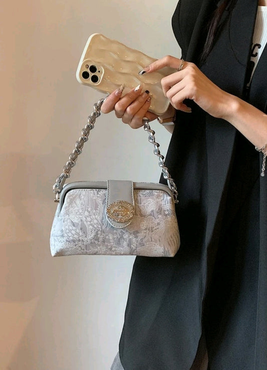 Mini Fashionable Elegant Solid Color Clutch With Metal Chain Handle For Women