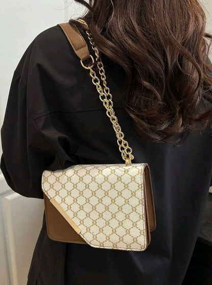Mini Fashion Plaid Contrast Stitching Diagonal Backpack, Metal Chain Shoulder Strap Shoulder Bag Square Bag Suitable For Shopping.