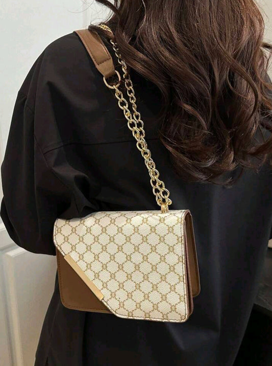 Mini Fashion Plaid Contrast Stitching Diagonal Backpack, Metal Chain Shoulder Strap Shoulder Bag Square Bag Suitable For Shopping.
