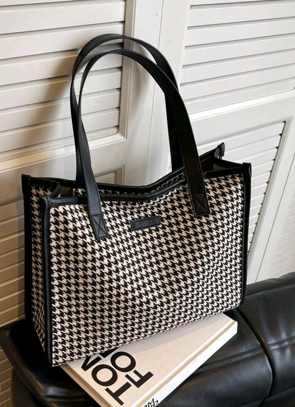 Houndstooth Pattern Large Tote Bag, Women's Fashion Minimalist High Capacity Shoulder Bag, Versatile For Commuting