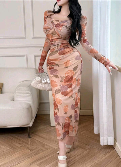 Modelyn Women's Floral Print Long Sleeve Criss-Cross Fitted Long Dress