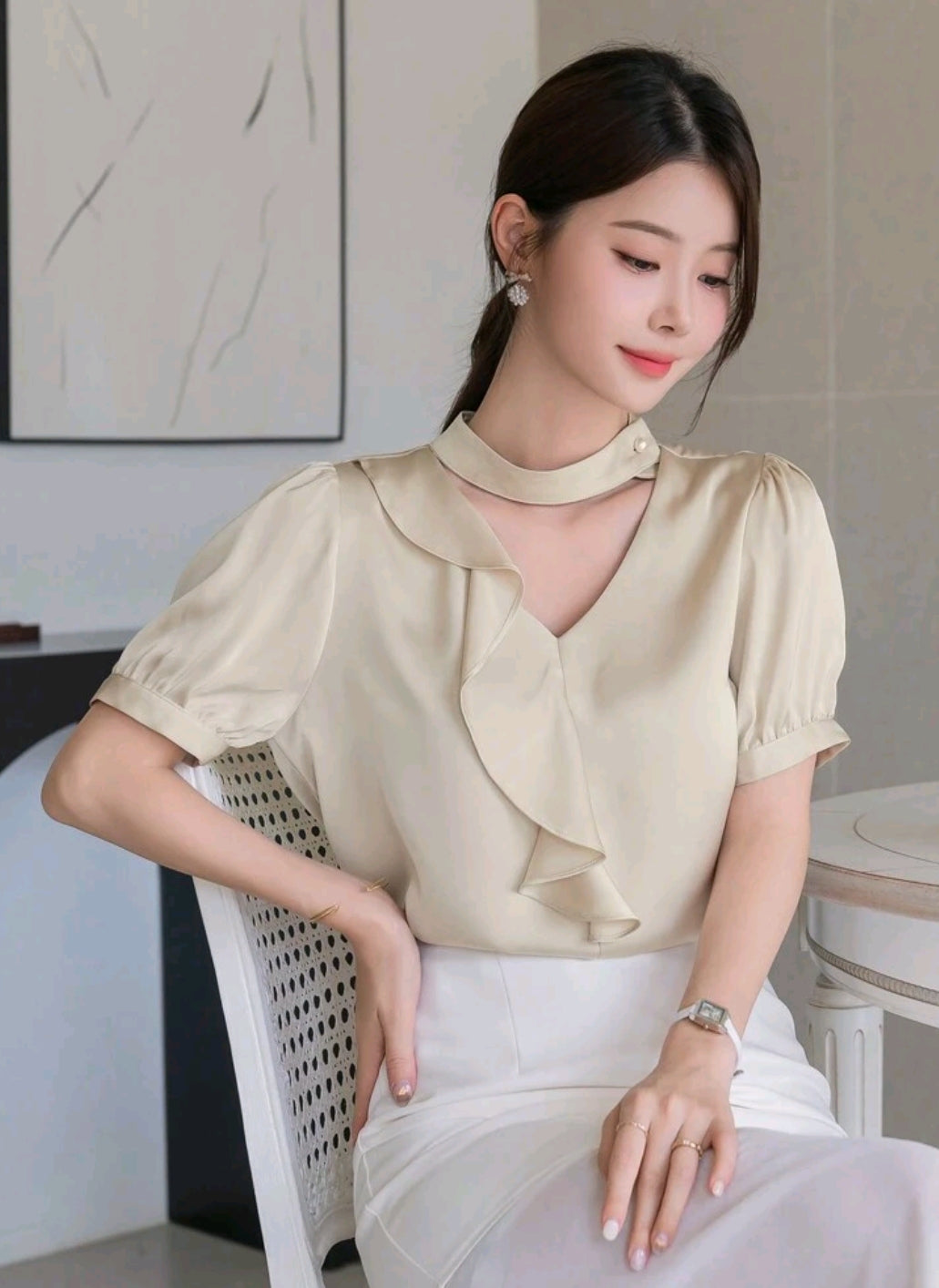 DAZY Women's Solid Color Simple Everyday Short Sleeve Shirt,Ruffle