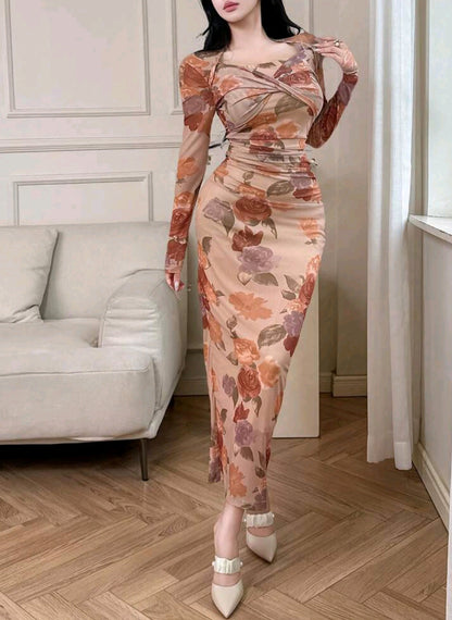 Modelyn Women's Floral Print Long Sleeve Criss-Cross Fitted Long Dress