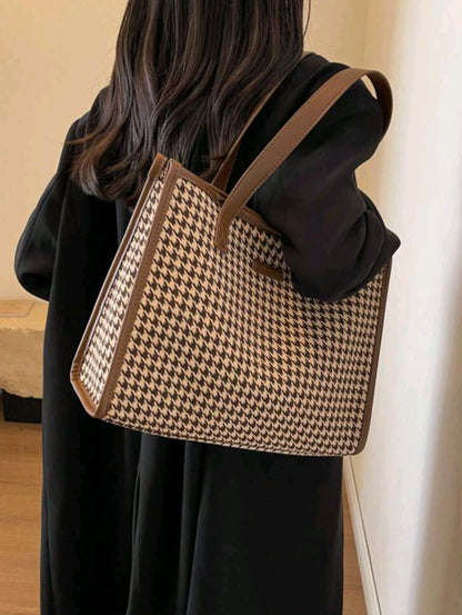 Houndstooth Pattern Large Tote Bag For Women, Stylish & Simple Design, Versatile For Commuting And Going Out, Shoulder BagSchool Bag,Back To School Backpack,Large Capacity,Lightweight,Portable,Business Casual,