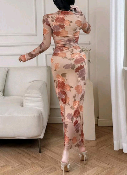 Modelyn Women's Floral Print Long Sleeve Criss-Cross Fitted Long Dress