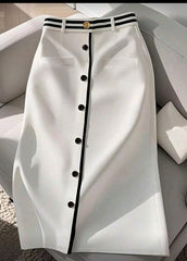 Elegant White High-Waisted Pleated Skirt With Black Button Accents - Stylish All-Season Fashion for women
