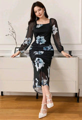 Women's Floral Print Elegant Square Neck Tie Waist Midi Dress Maxi Women Outfit Long Evening Dresses..