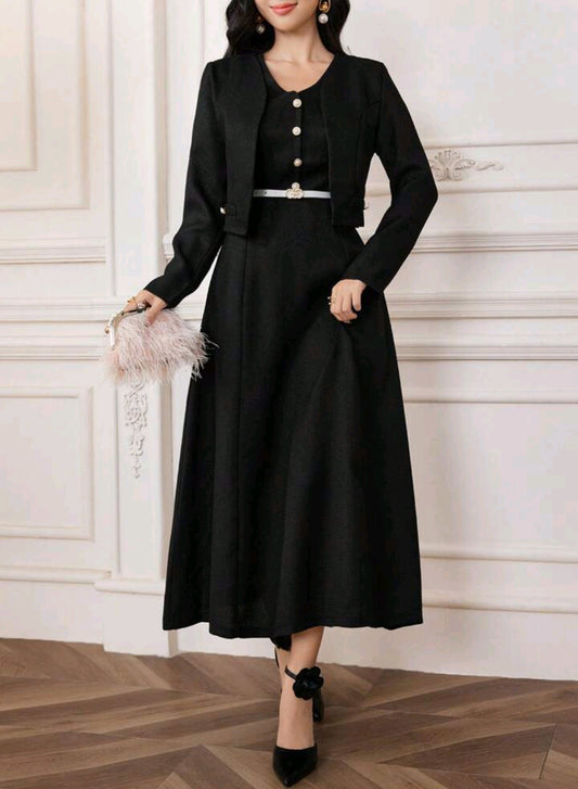 Modelyn Solid Button Front Jacket & Dress Without Belt Perfect For Business/Work/Cocktail Party/Wedding/Daily/Graduation Women Two Pieces Outfits 2 Pieces Set