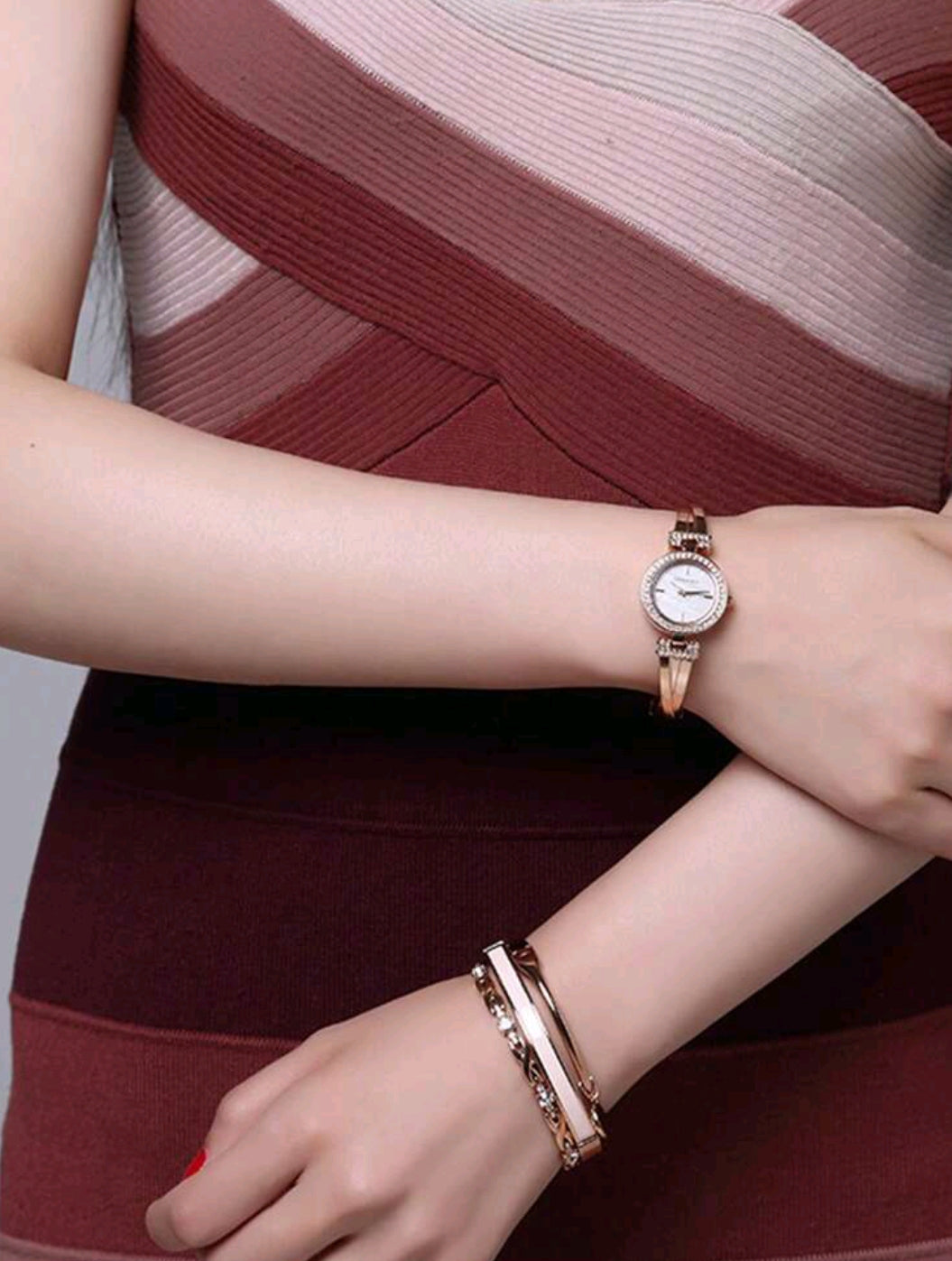 Anie Klein Women's Crystal Accented Bangle Bracelet Watch Set With Three Luxury Rose Gold Bracelets Diamond