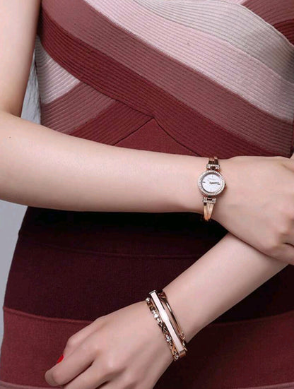 Anie Klein Women's Crystal Accented Bangle Bracelet Watch Set With Three Luxury Rose Gold Bracelets Diamond