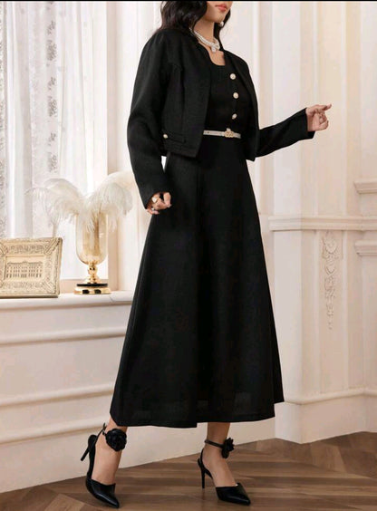 Modelyn Solid Button Front Jacket & Dress Without Belt Perfect For Business/Work/Cocktail Party/Wedding/Daily/Graduation Women Two Pieces Outfits 2 Pieces Set