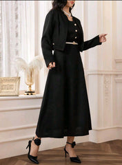 Modelyn Solid Button Front Jacket & Dress Without Belt Perfect For Business/Work/Cocktail Party/Wedding/Daily/Graduation Women Two Pieces Outfits 2 Pieces Set