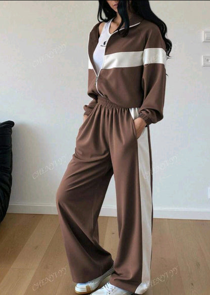 2pcs Color Block Patchwork Casual Elegant Zip-Up Hoodie Set, Suitable For Sports, Home, Office, Street Wear In Spring, Autumn And Winter. Loose Fit Long Sleeve Women Sweatshirt