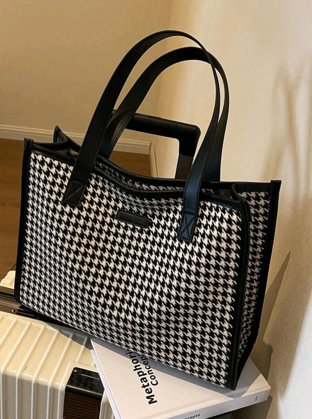 Houndstooth Pattern Large Tote Bag, Women's Fashion Minimalist High Capacity Shoulder Bag, Versatile For Commuting