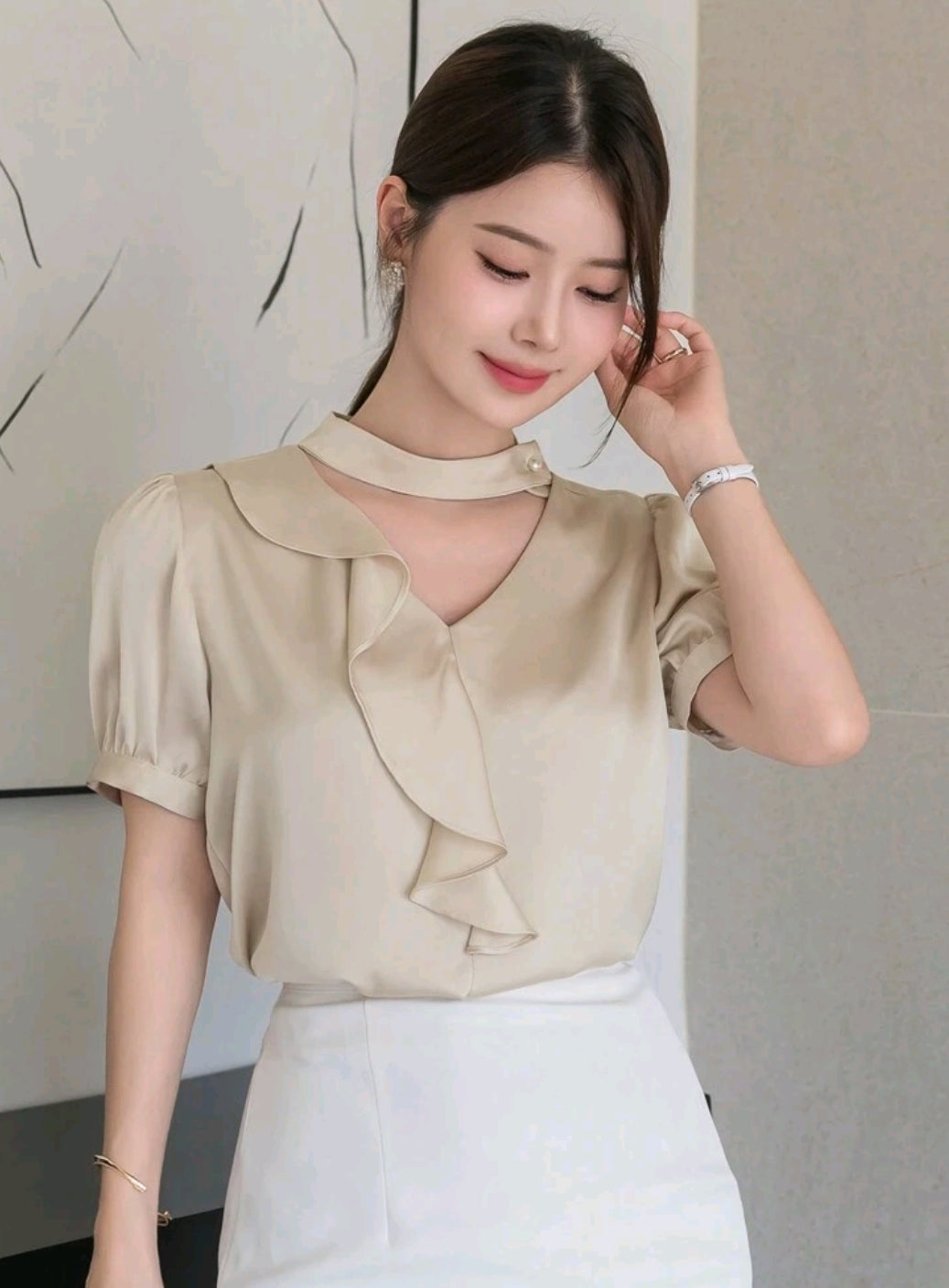 DAZY Women's Solid Color Simple Everyday Short Sleeve Shirt,Ruffle