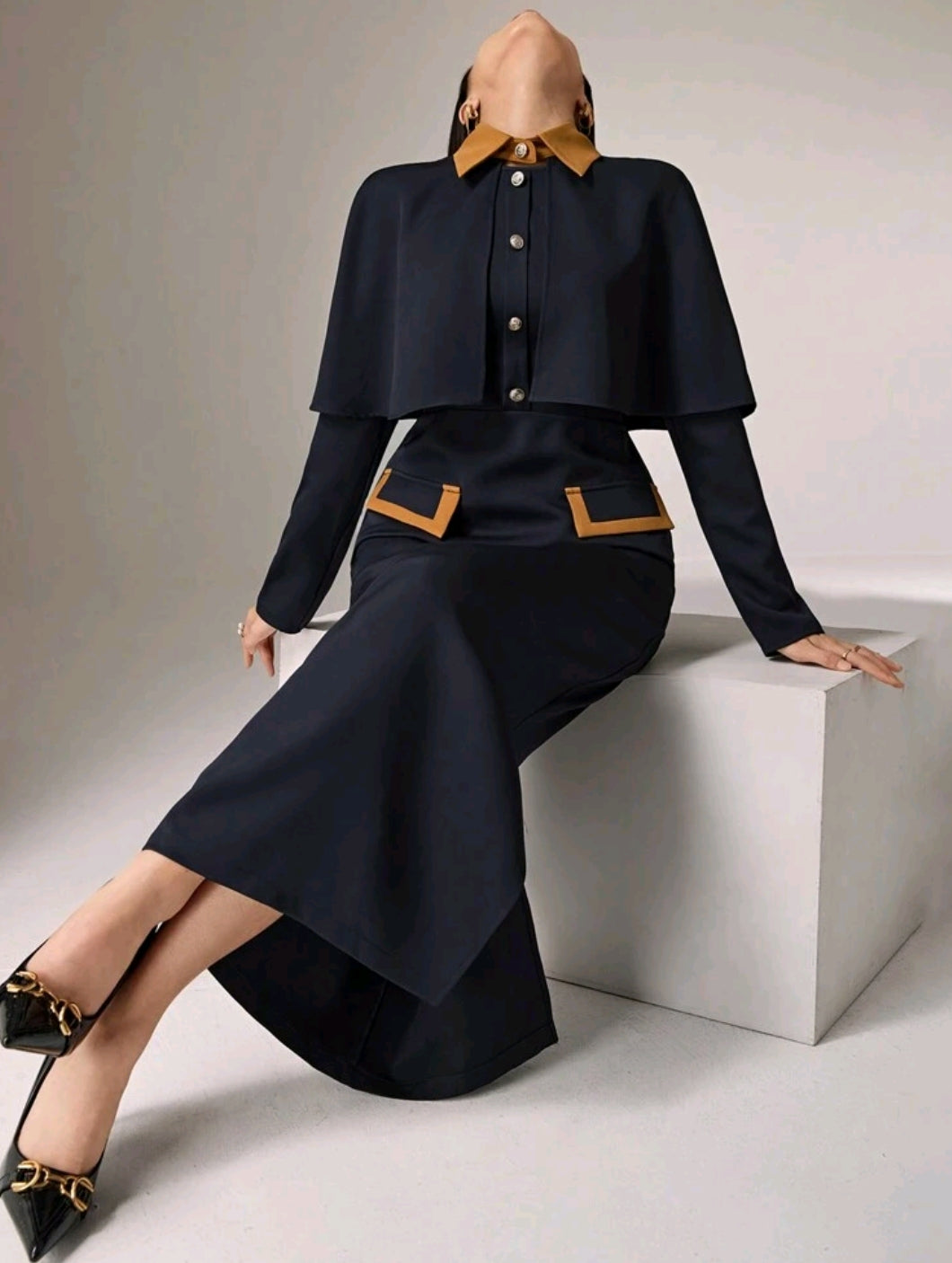 Elegant Color Blocking Cape Shirt With Extended Hem Skirt 2pcs Set 2 Pieces Set