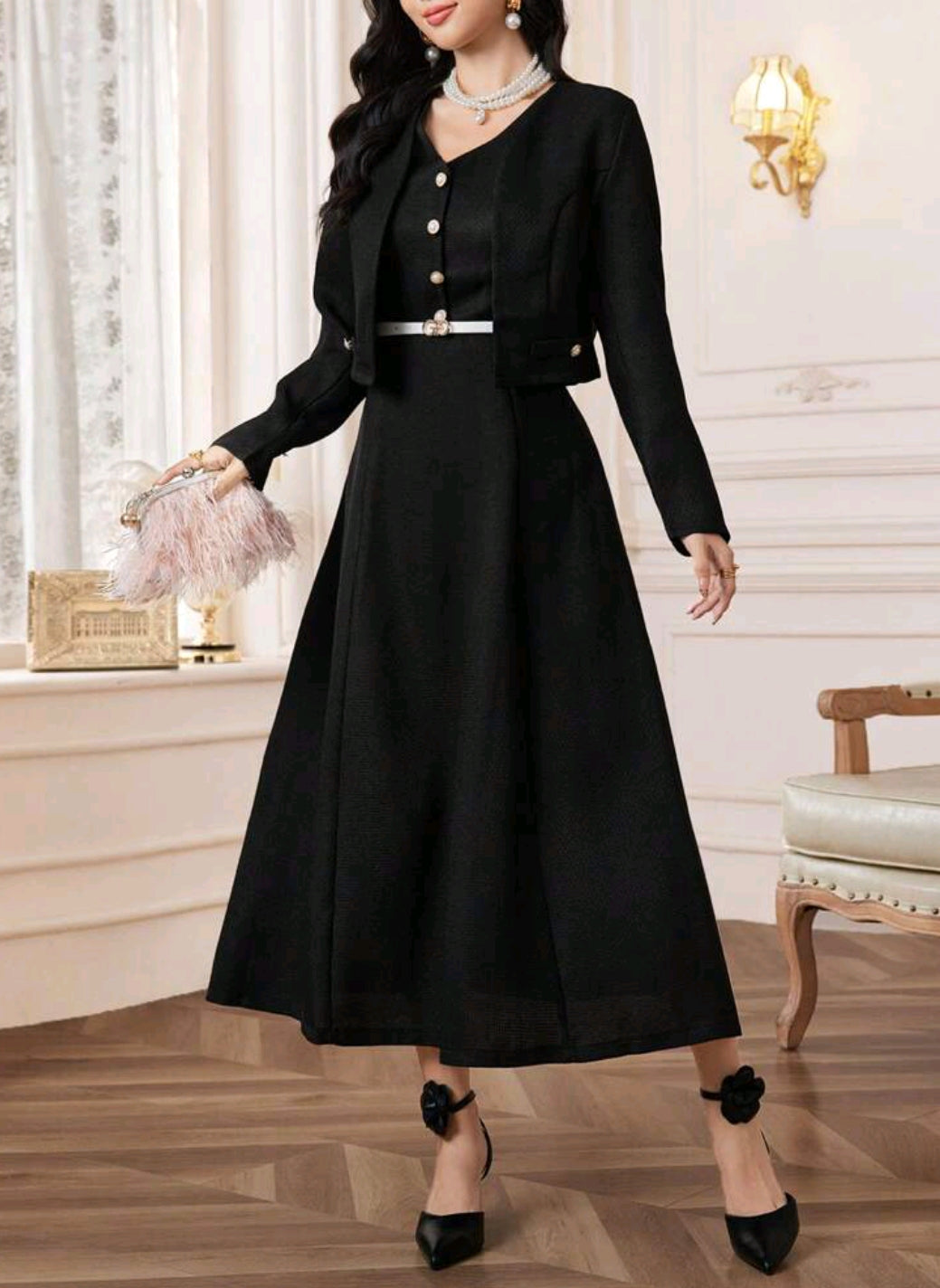 Modelyn Solid Button Front Jacket & Dress Without Belt Perfect For Business/Work/Cocktail Party/Wedding/Daily/Graduation Women Two Pieces Outfits 2 Pieces Set